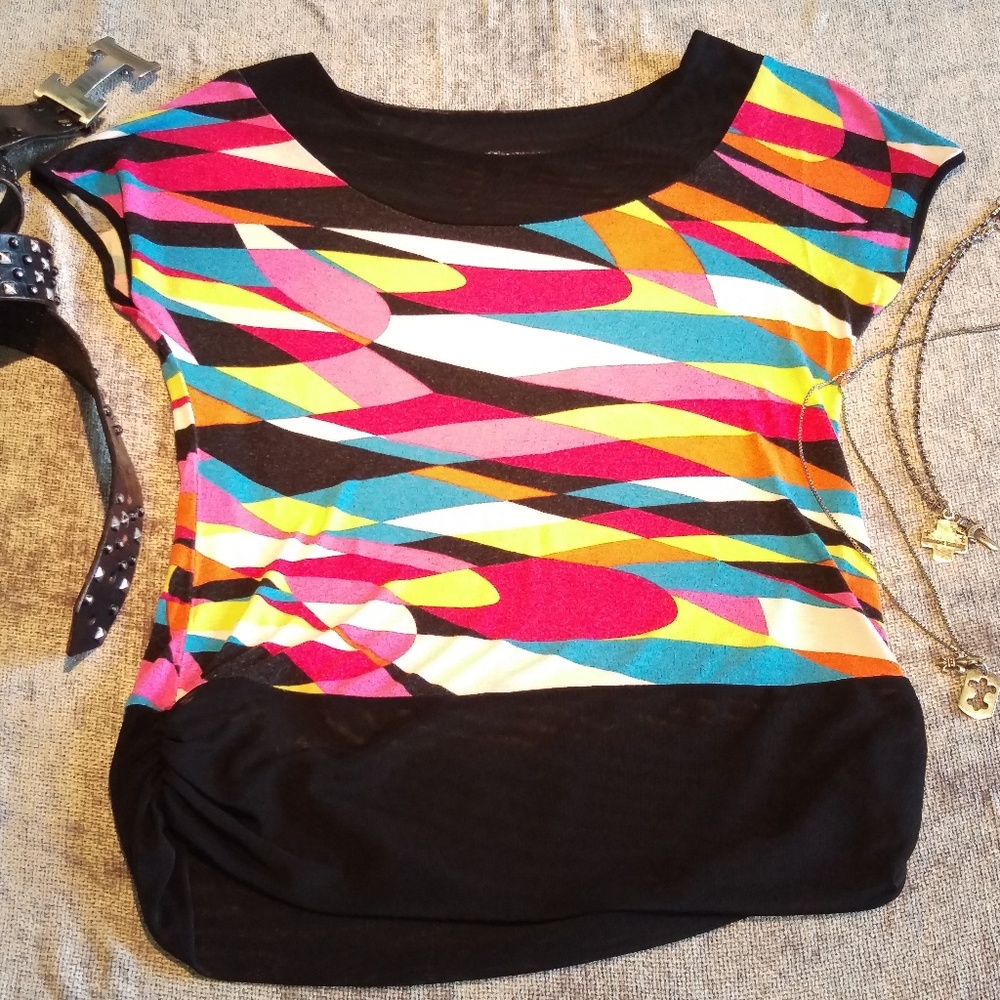 Colorful 80s Retro Japanese Top! Sheer Black Kanji